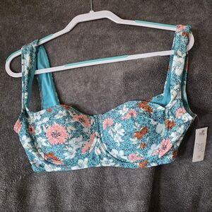 Time and Tru Floral Bikini Top - Teal and Pink